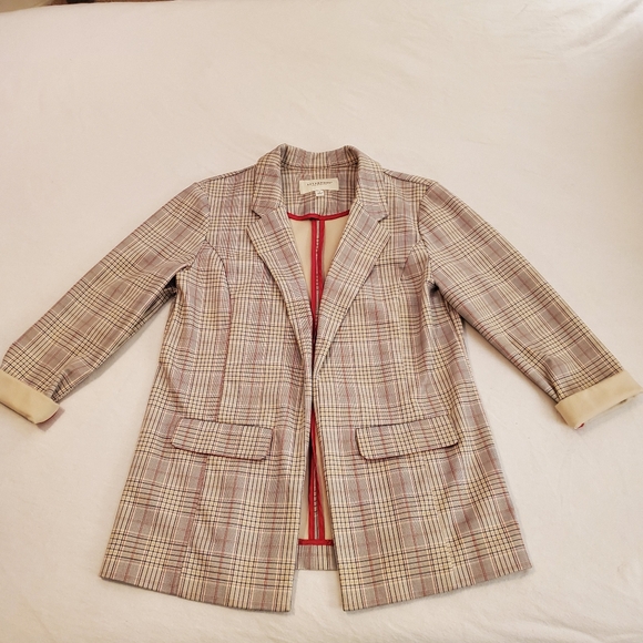 LIVERPOOL Los Angeles Gray White Glen Plaid Knit Open Front Boyfriend Blazer M - Picture 6 of 12